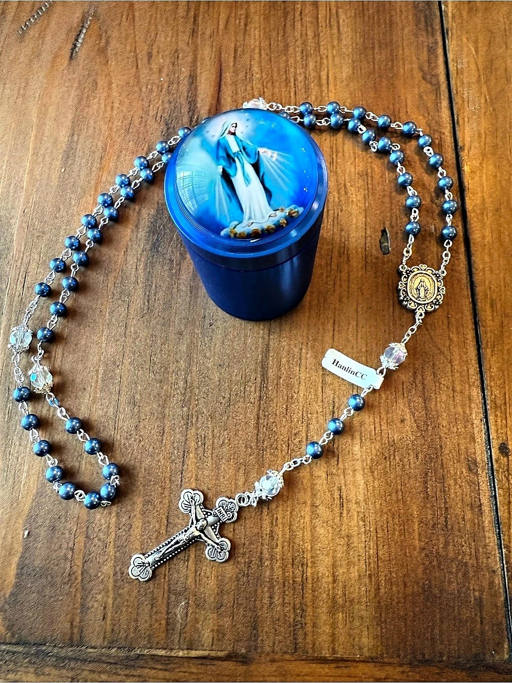 HanlinCC Blue Glass Bead Rosary with Our Lady of Grace Box Necklace with Our